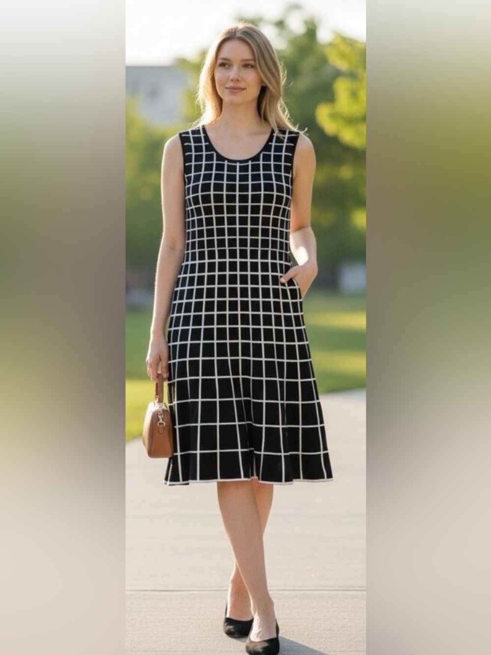Sioni Women’s Black Sleeveless Grid-Check Pattern Midi Stretch Knit Dress (S)